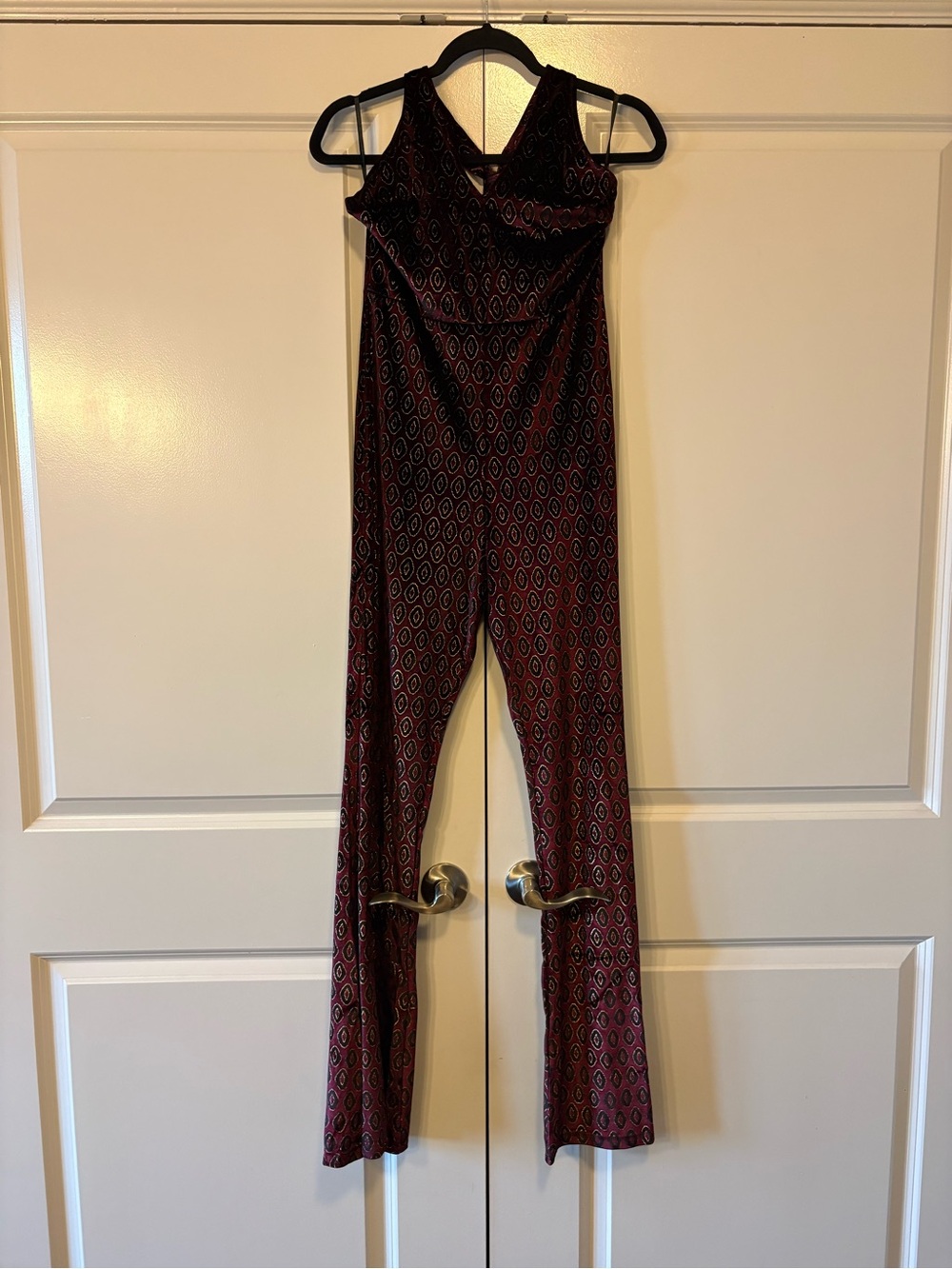 Motel Rocks Burgundy Patterned V-Neck Wide-Leg Jumpsuit